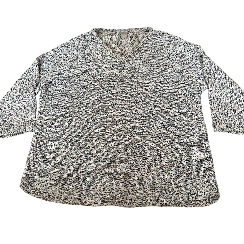 Chico's Women's Multicolor Knit V-Neck Sweater 3/4 Sleeve Size 1‎ (M)